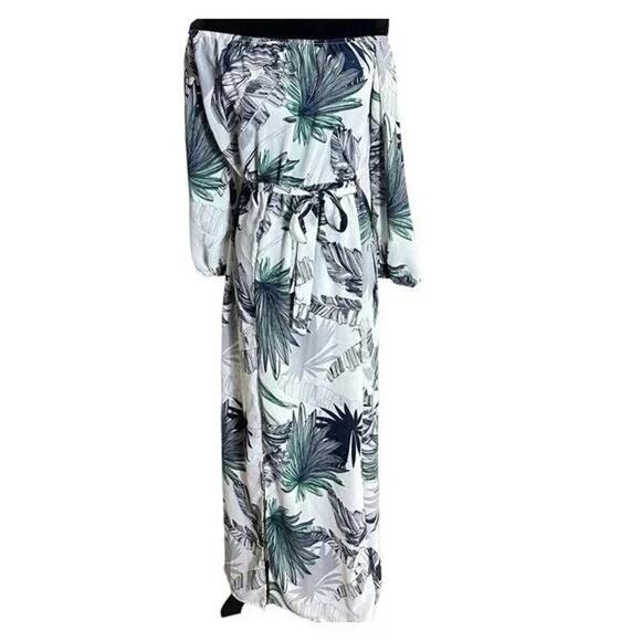 Boho Tropical Palm Print Off Shoulder Tie Maxi Dress 3/4 Sleeve S White Green - Picture 2 of 12
